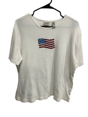 Classic Elements Womens White Short-Sleeve Top With Embroidered American Flag Gr
